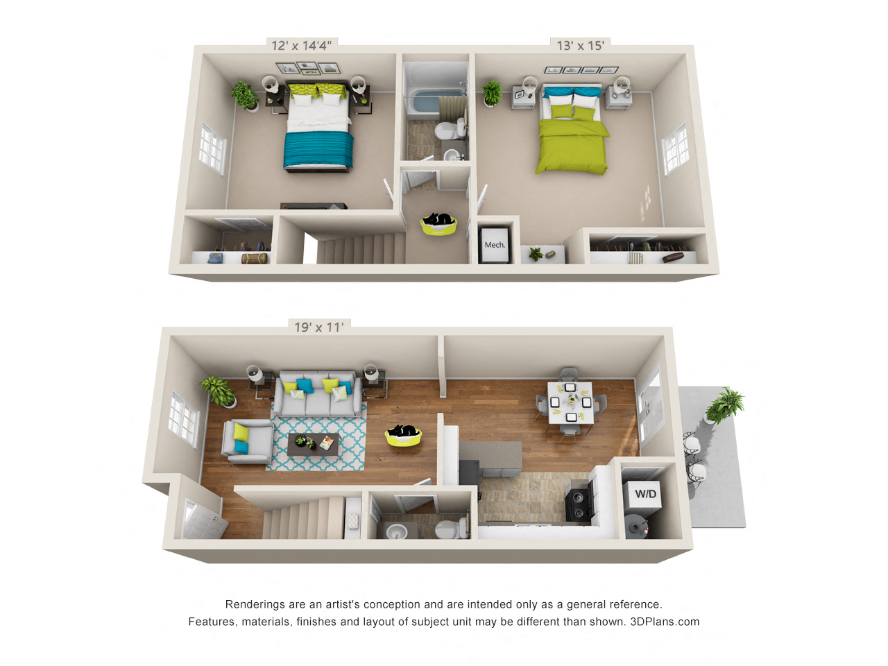 Floor plan for 2 beds, 1.5 baths, 1000 sqft